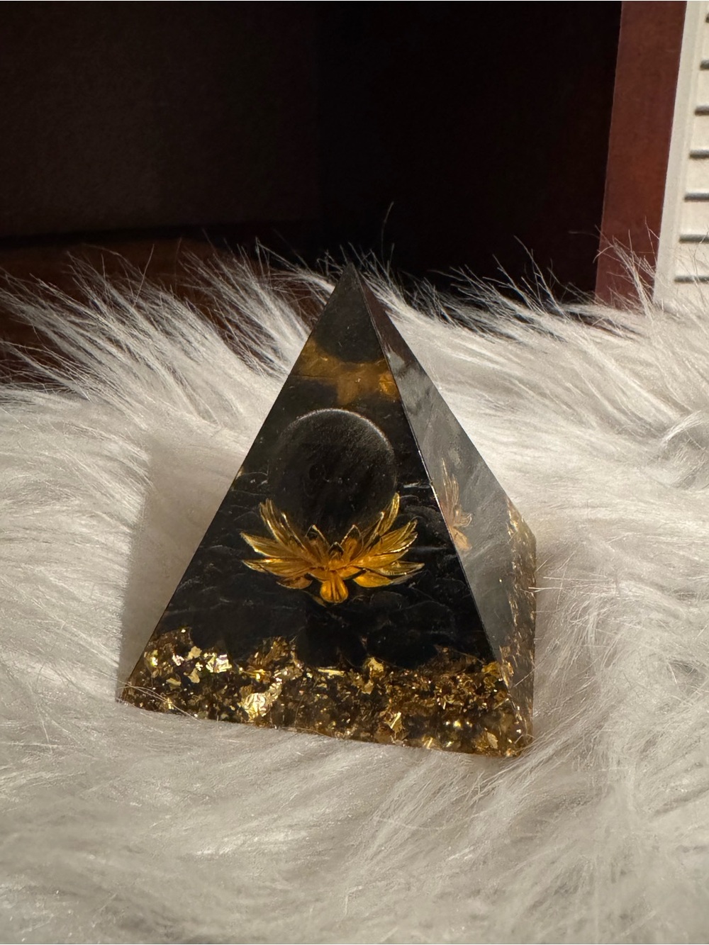 Pyramid Black obsidian gemstone with Gold Lotus and Gold Flakes Display